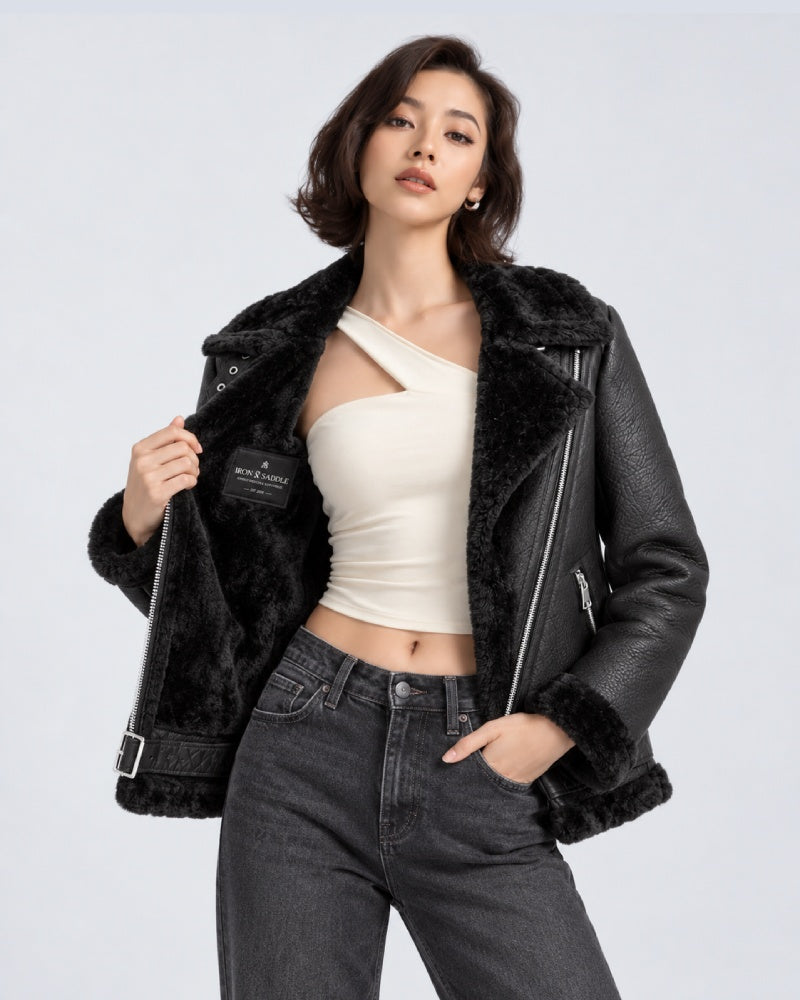 FrancescaFaragoBlackShearlingAsymmetricBodyfitLeatherCoat