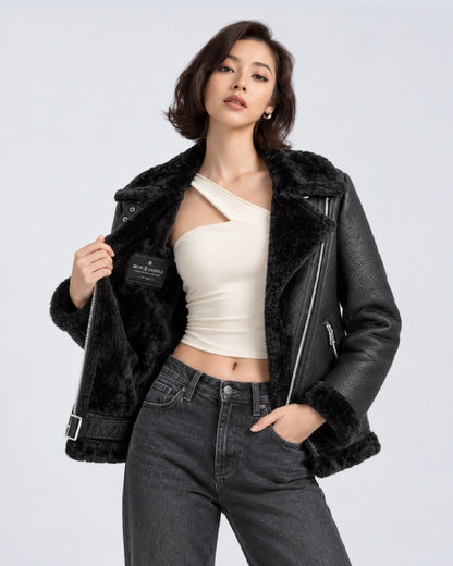 FrancescaFaragoBlackShearlingAsymmetricBodyfitLeatherCoat