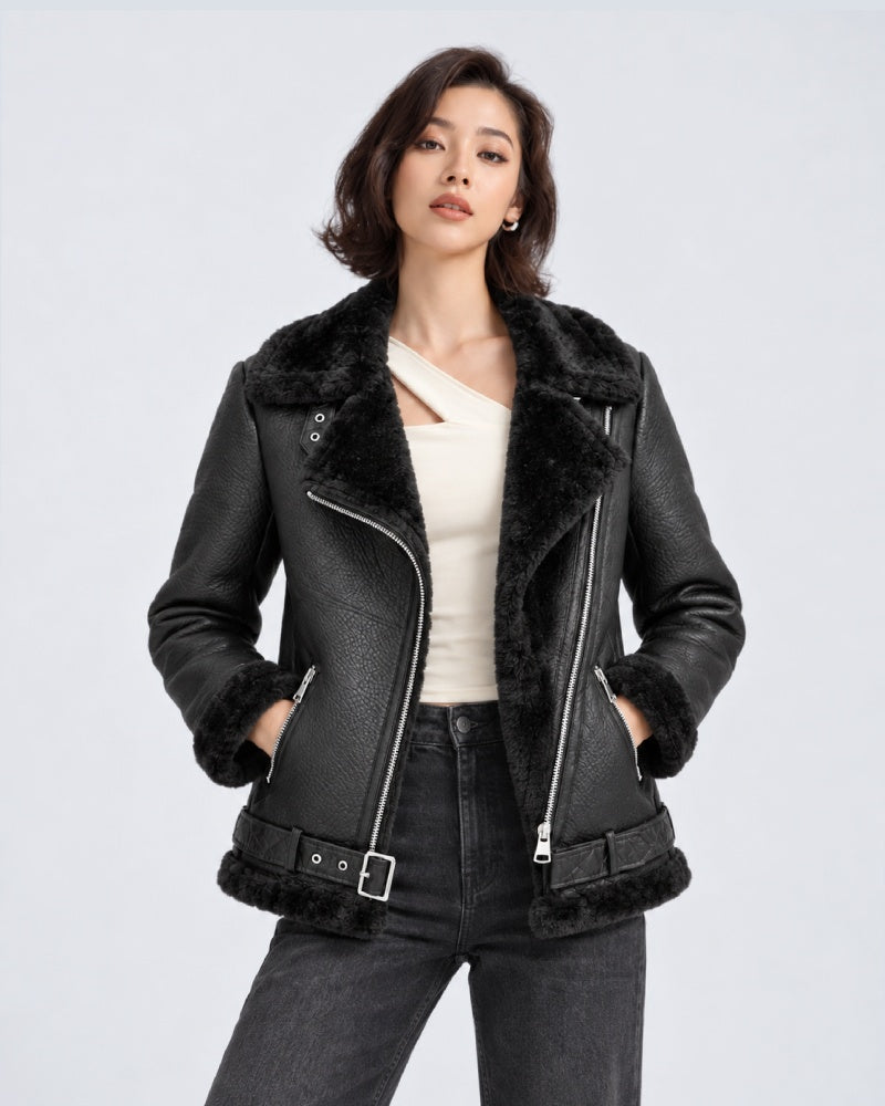 FrancescaFaragoBlackShearlingAsymmetricLeatherCoat