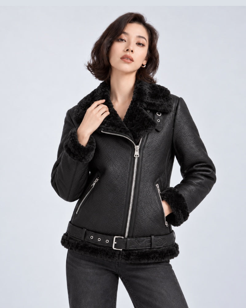 FrancescaFaragoBlackShearlingAsymmetricLeatherJacket