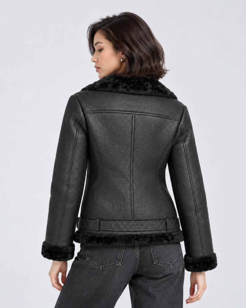 FrancescaFaragoBlackShearlingAsymmetricMotoLeatherCoat