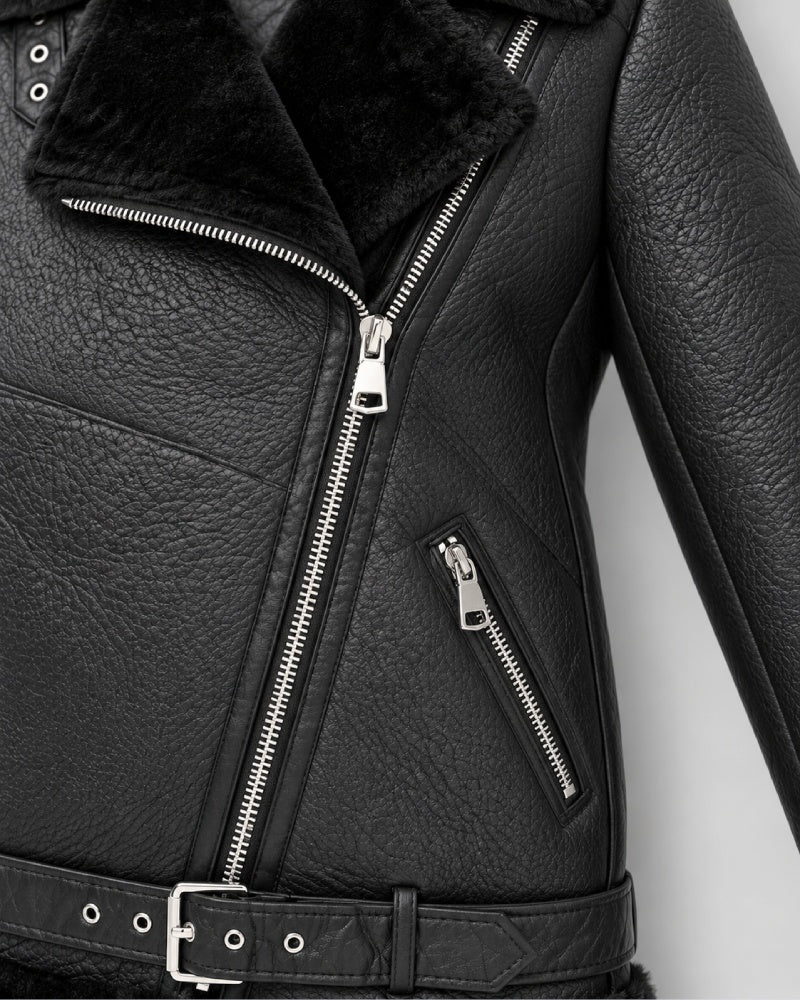 FrancescaFaragoBlackShearlingAsymmetricMotoLeatherJacket