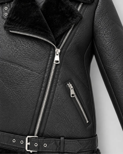 FrancescaFaragoBlackShearlingAsymmetricMotoLeatherJacket