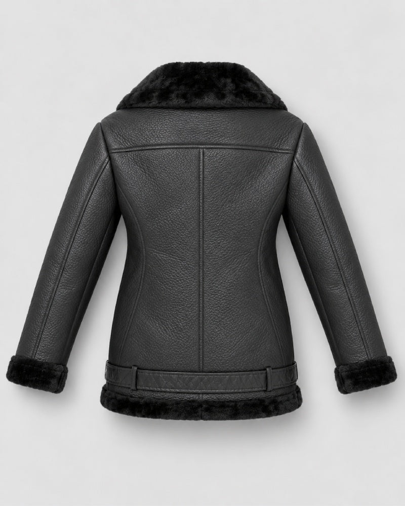 FrancescaFaragoBlackShearlingBlackLeatherAsymmetricMotoCoat