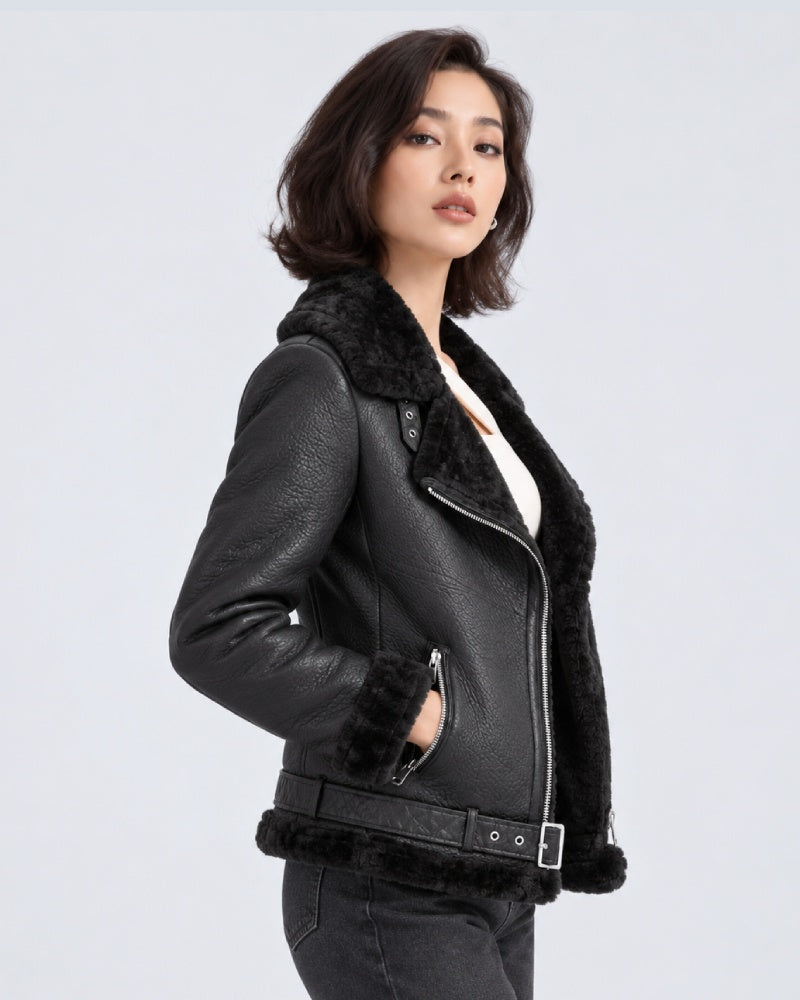FrancescaFaragoBlackShearlingBodyFitAsymmetricMotoLeatherCoat