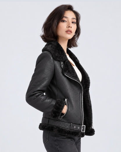 FrancescaFaragoBlackShearlingBodyFitAsymmetricMotoLeatherCoat