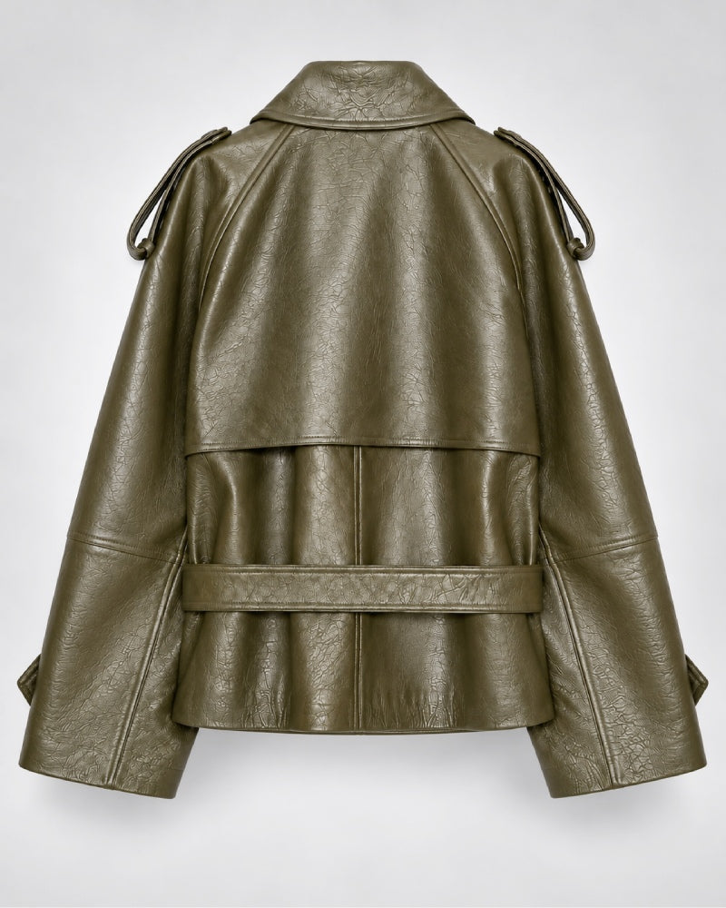 GreenFauxBeltedLeatherTrenchCoat