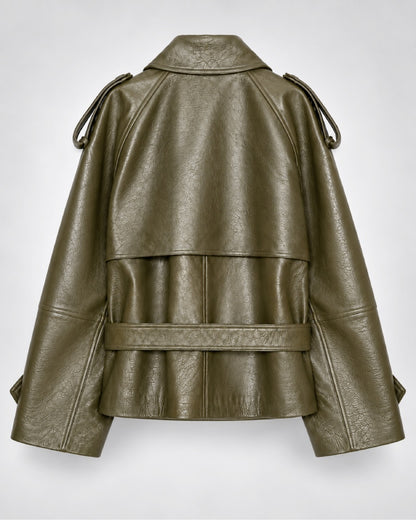GreenFauxBeltedLeatherTrenchCoat