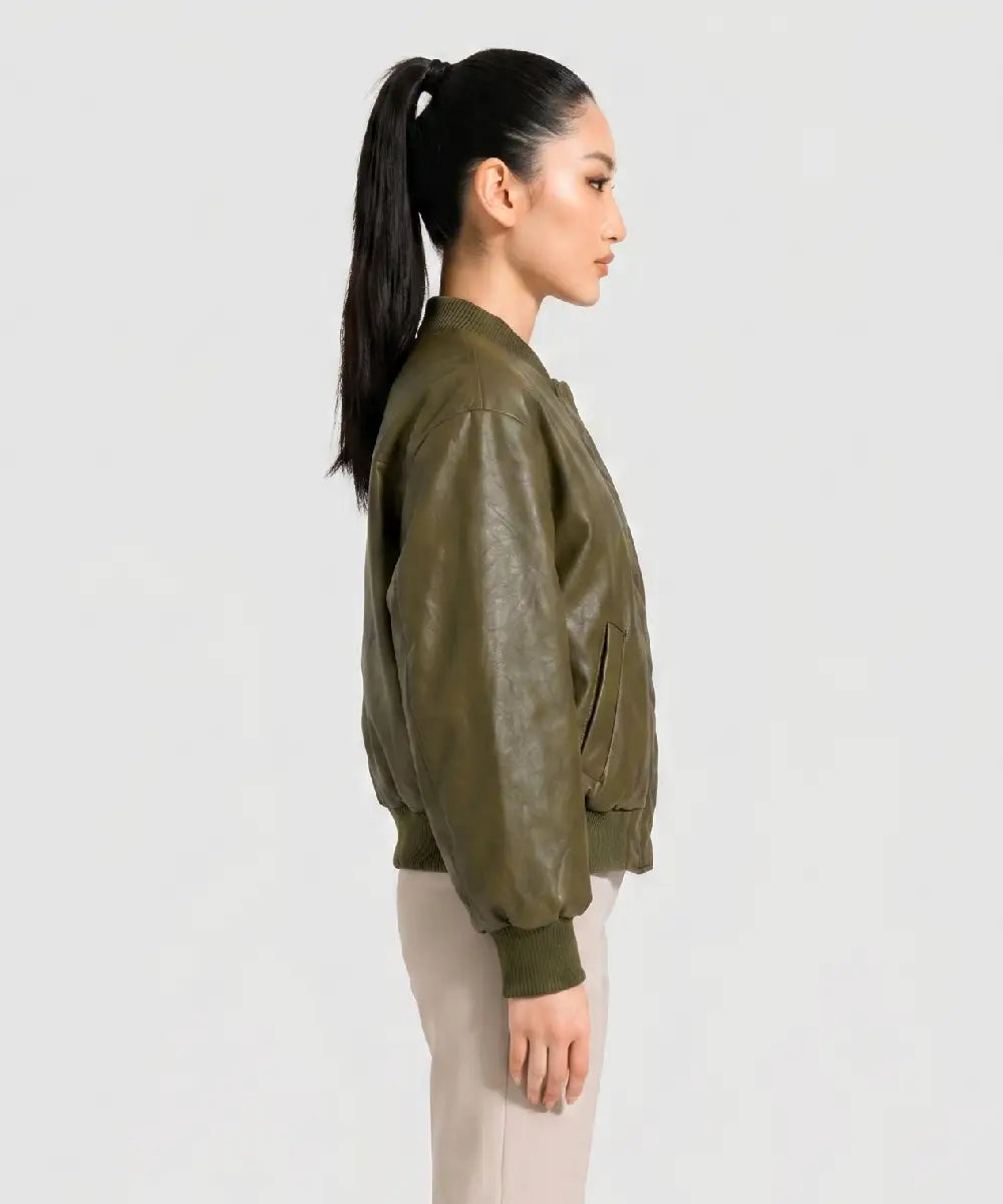 GreenFauxLeatherBomberJacketWithShoulderPads