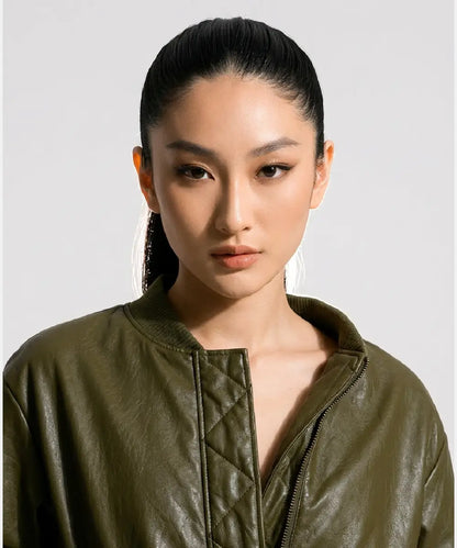 GreenFauxLeatherBomberJacketWithShoulderPads For Women