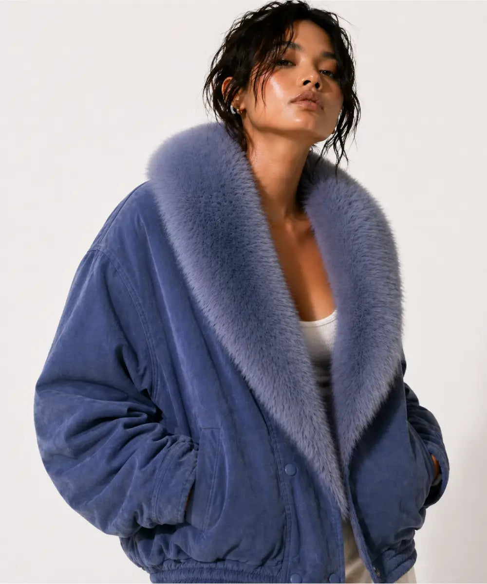 IceBlueSuedeLeatheroversizedJacketWithFur