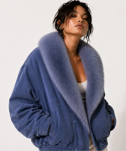 IceBlueSuedeLeatheroversizedJacketWithFur