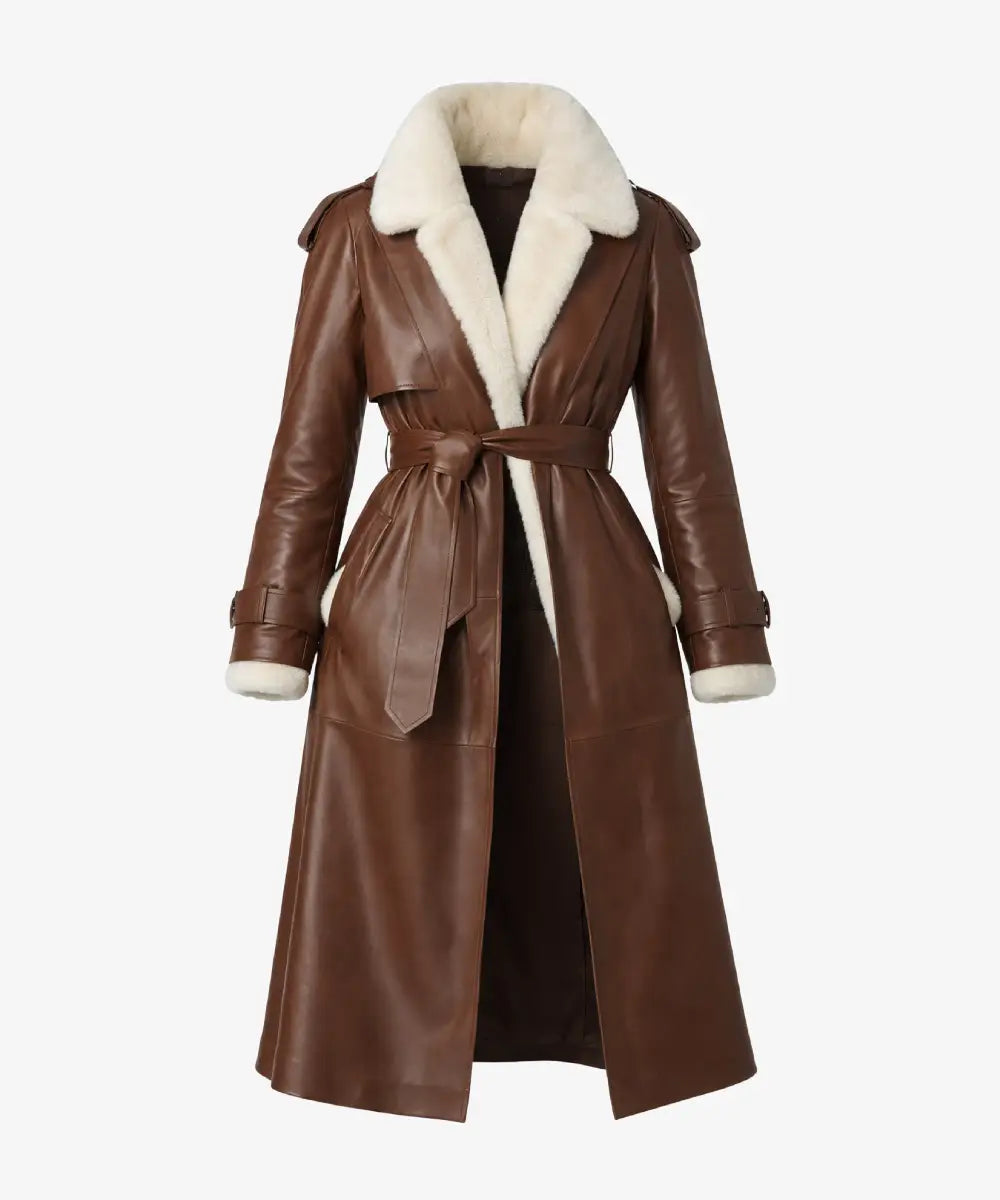 Iron saddle Women_sLongLeatherBeltedWhiteShearlingTrenchCoatLimitedEdition