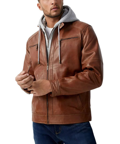 Le31 Brown Removable Hood Leather Biker Jacket