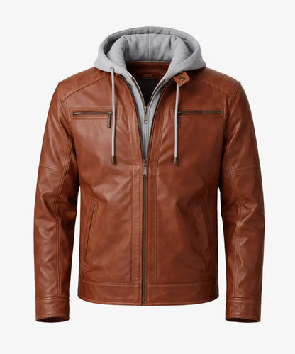 Le31BrownRemovableHoodLeatherBikerJacketwithgreyHood