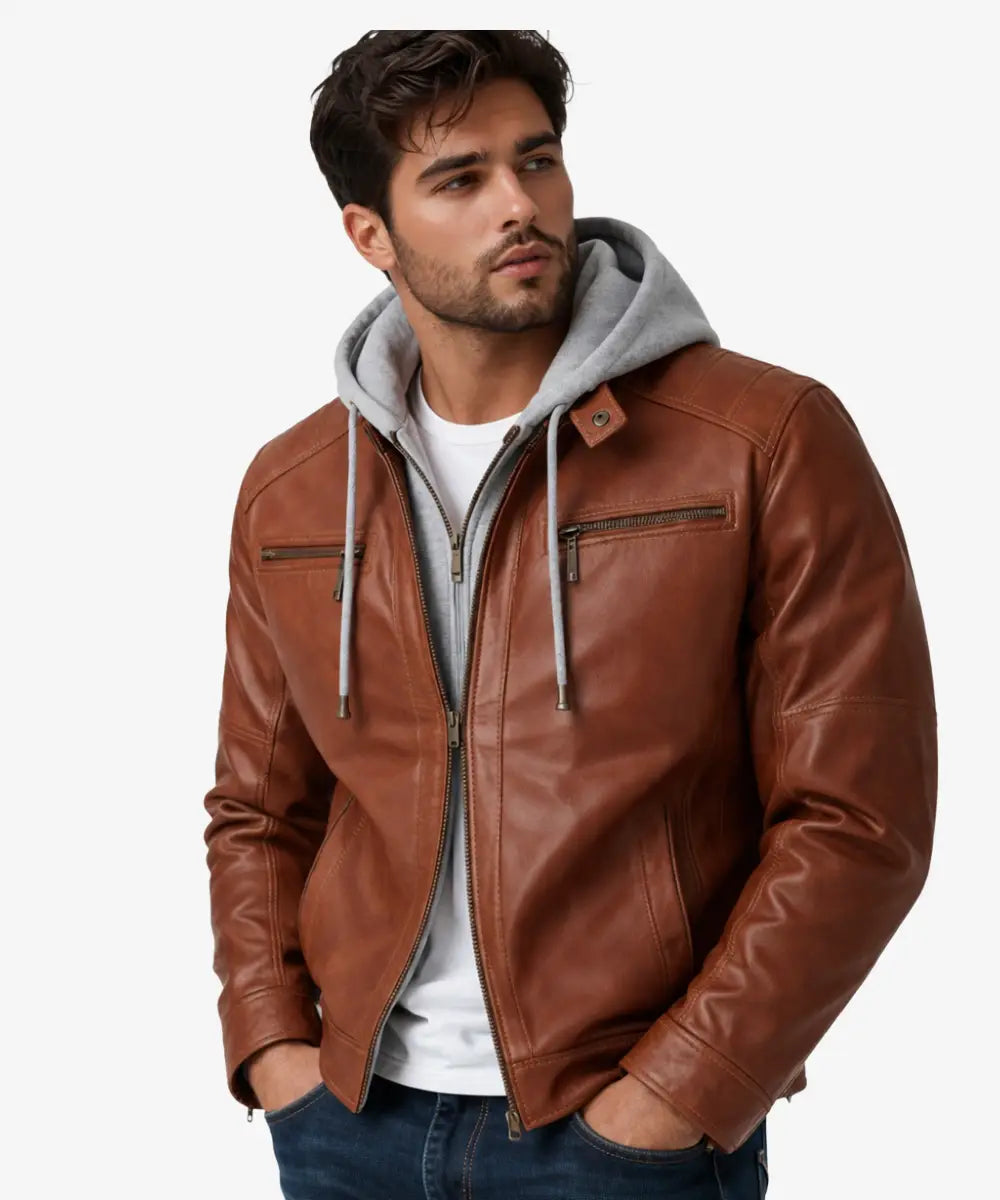 Le31RemovableHoodBrownLeatherBikerBomberJacketWithGreyHood