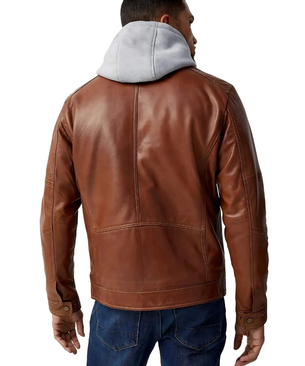 Le31 Removable Hood Leather Biker Jacket Brown