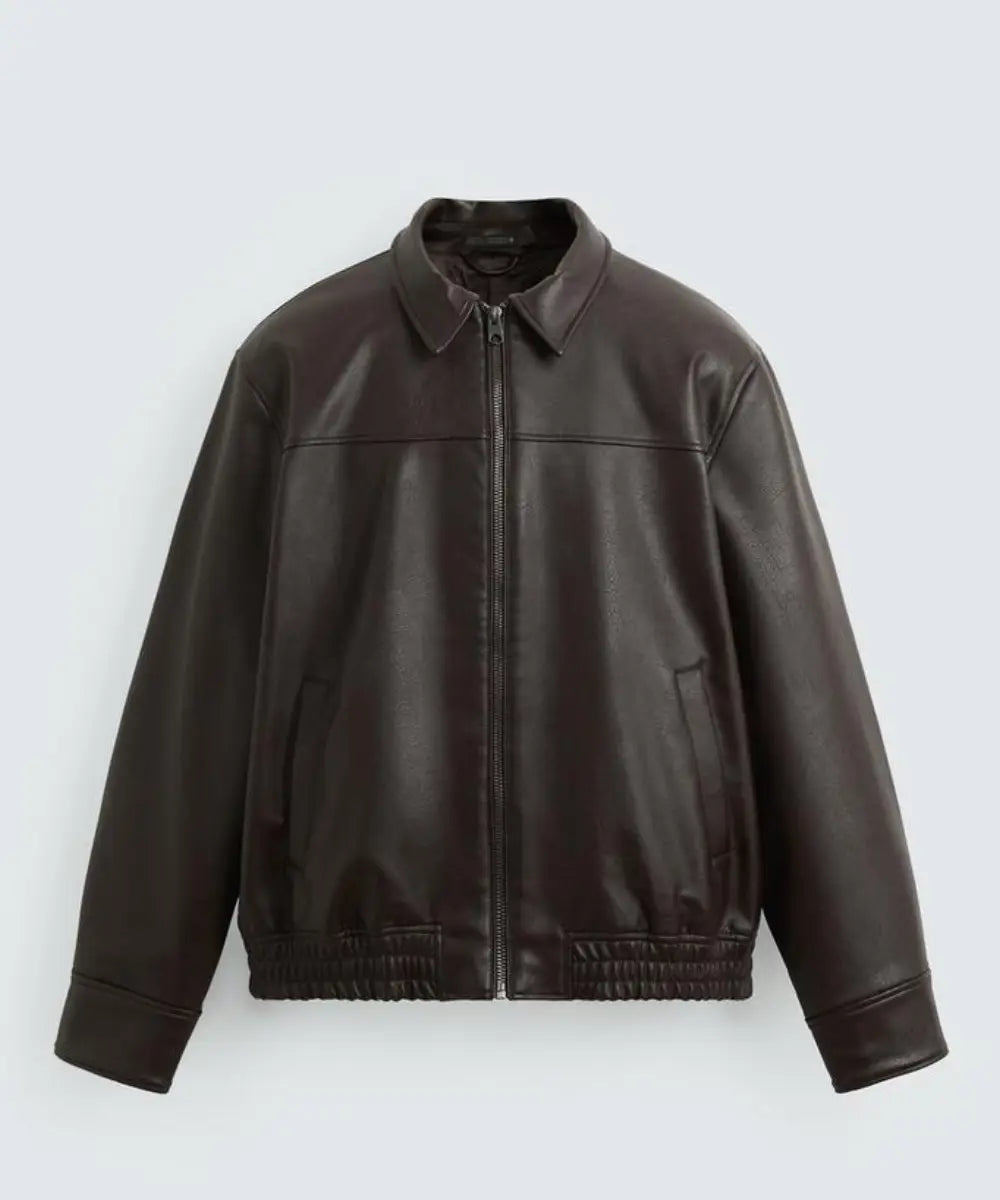 LeatherEffectBrownBomberJacket