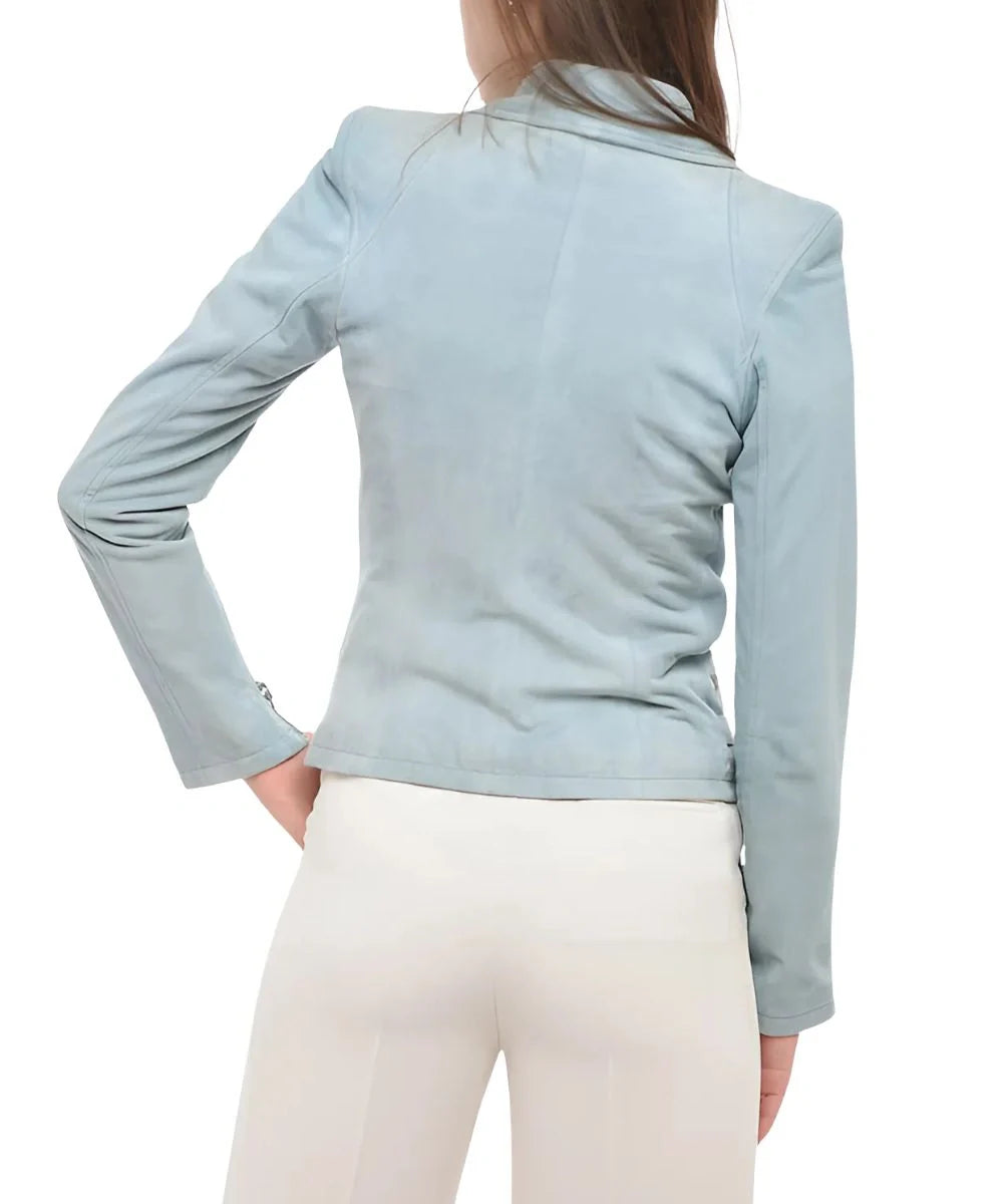 Light Blue Suede Biker Jacket For Womens
