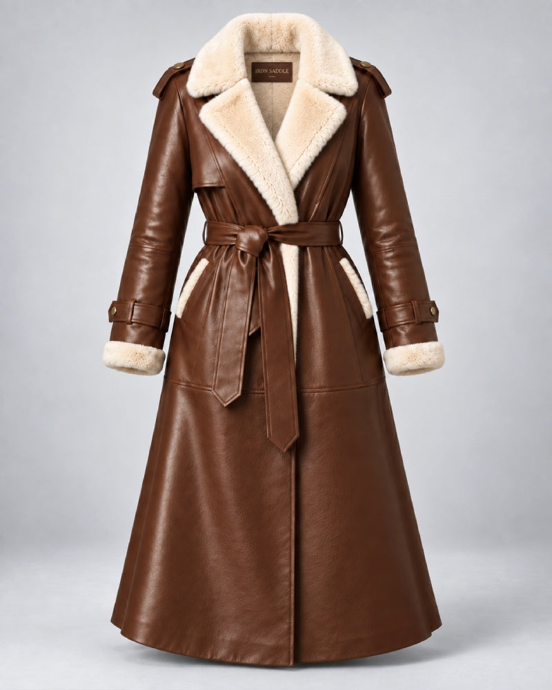 Women’s Brown Shearling Leather Belted Trench Coat
