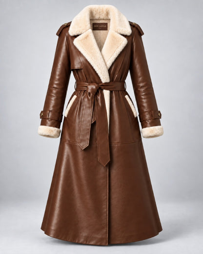 Women’s Brown Shearling Leather Belted Trench Coat
