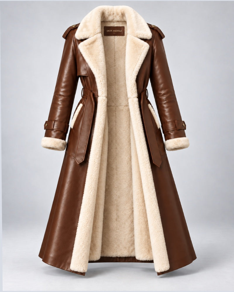 Women’s Brown Shearling Leather Belted Trench Coat