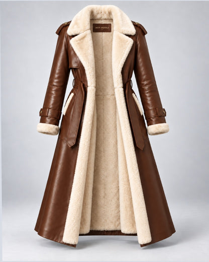 Women’s Brown Shearling Leather Belted Trench Coat
