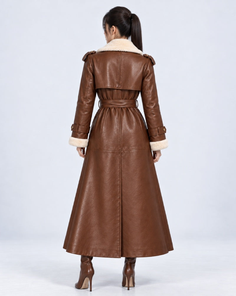 Women’s Brown Shearling Leather Belted Trench Coat