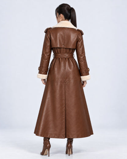 Women’s Brown Shearling Leather Belted Trench Coat