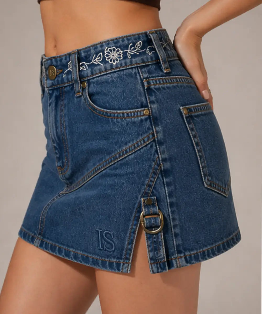 Low-RiseEmbroideredDenimMiniSkirt