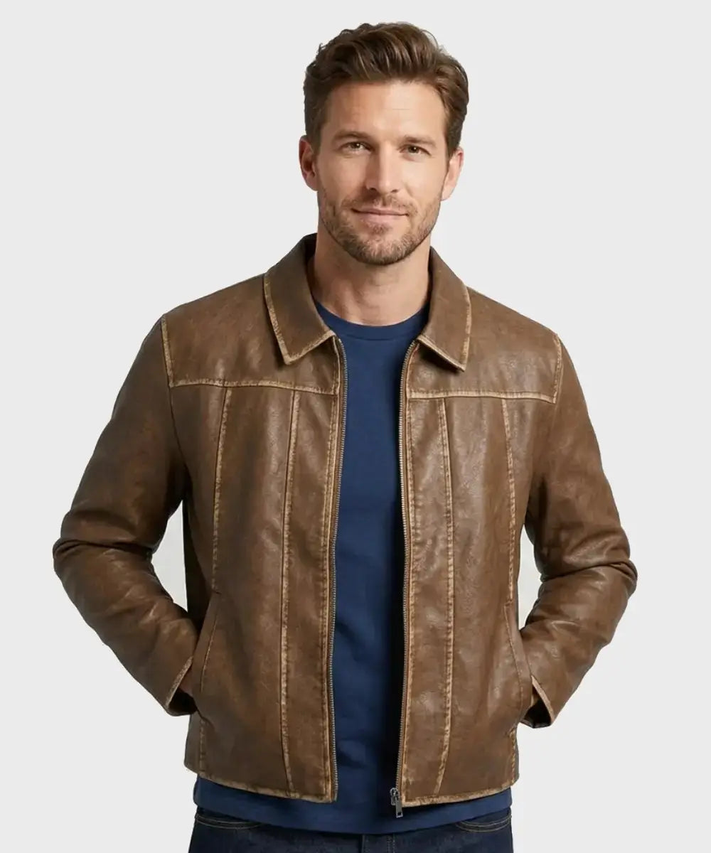 MANBoxyWashedSeamPUHarringtonJacket