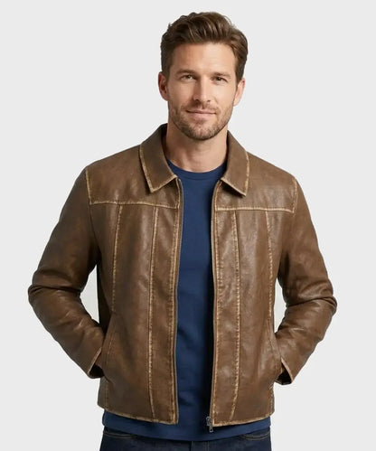 MANBoxyWashedSeamPUHarringtonJacket