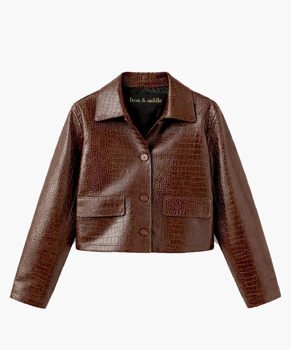 MangoNiloCrocEmbossedBrownCropLeatherJacket