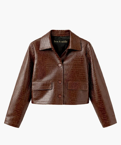 MangoNiloCrocEmbossedBrownCropLeatherJacket