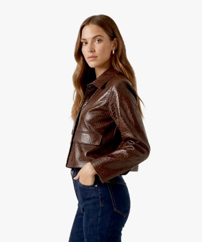 MangoNiloCrocEmbossedBrownLeatherJacket