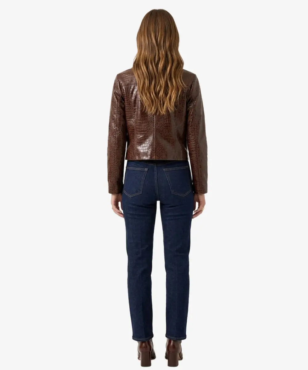 MangoNilocrocodileEmbossedBrownLeatherCropppedJacket