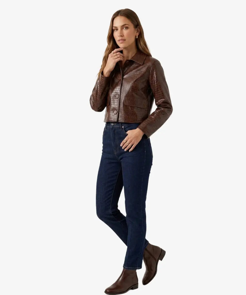 MangoNilocrocodileEmbossedBrownLeatherJacket