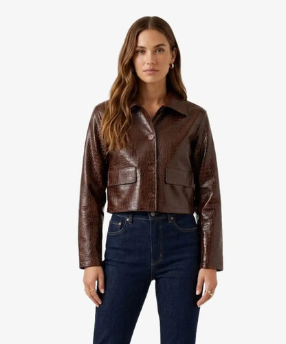 MangoNilocrocodileEmbossedCropBrownLeatherJacket