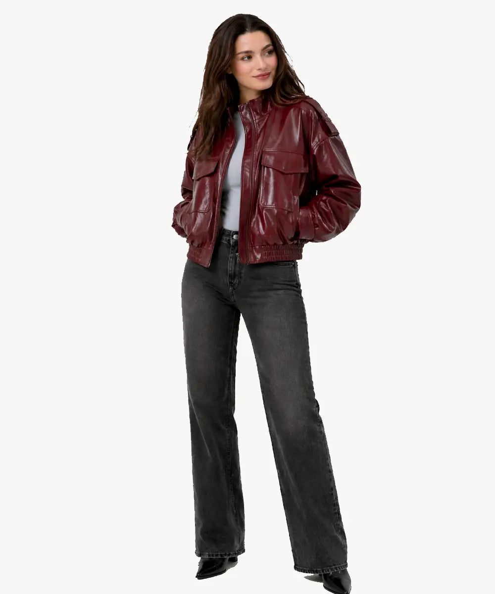 MaroonShortLeatherEffectJacket