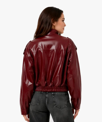 MaroonShortLeatherEffectJacket With Front two Pokets