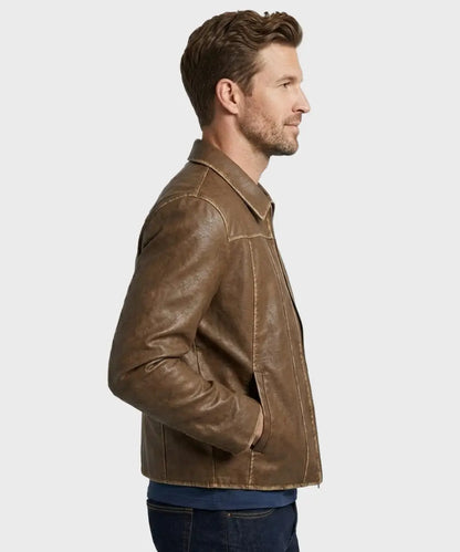 MenBoxyWashedSeamBrownPULeatherHarringtonJacket