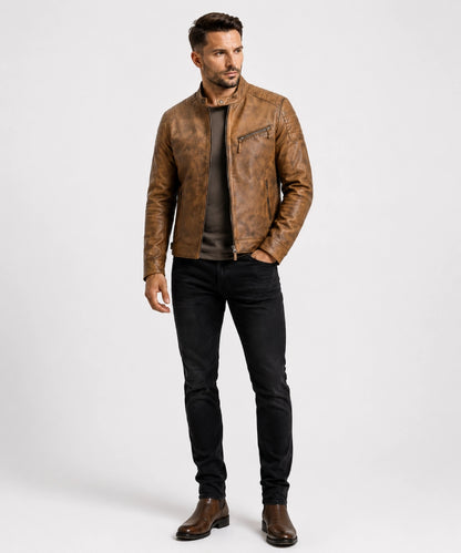 MenDistressedTanCafeRacerLeatherJacket