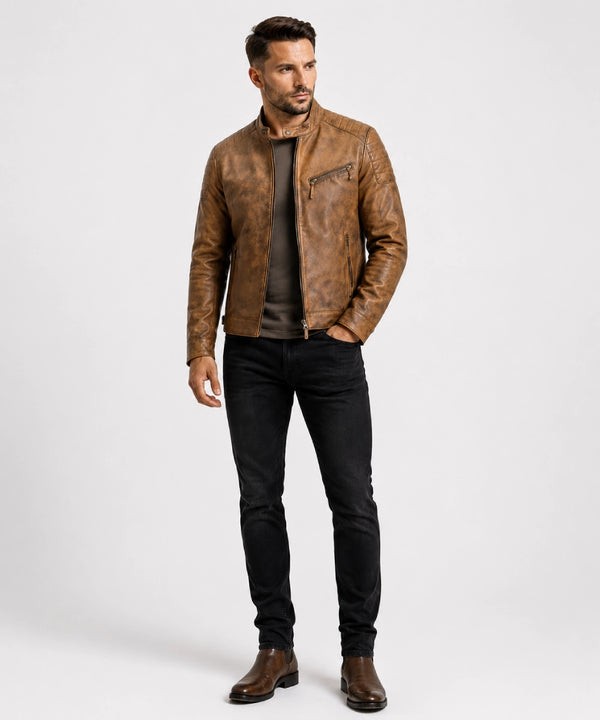 MenDistressedTanCafeRacerLeatherJacket