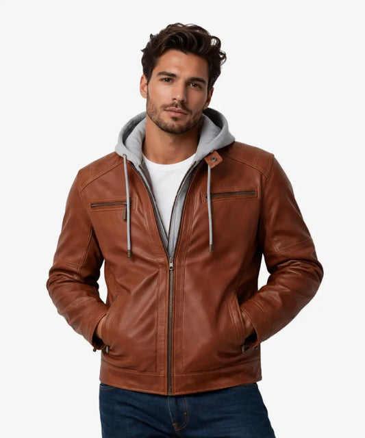 MenLe31RemovableHoodBrownLeatherBikerBomberJacketWithGreyHood