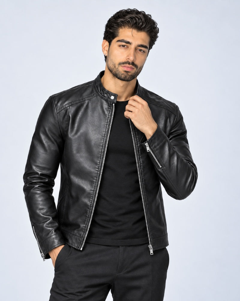 MenPlainBlackLeatherJacket