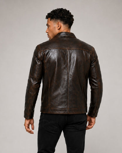 MenVintageDesignGenuineDarkBrownLeatherCafeRacerJacket
