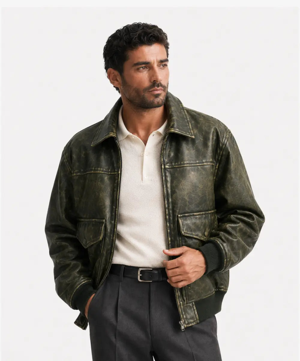 MenVintageEffectOilveDistressedLeatherJacket
