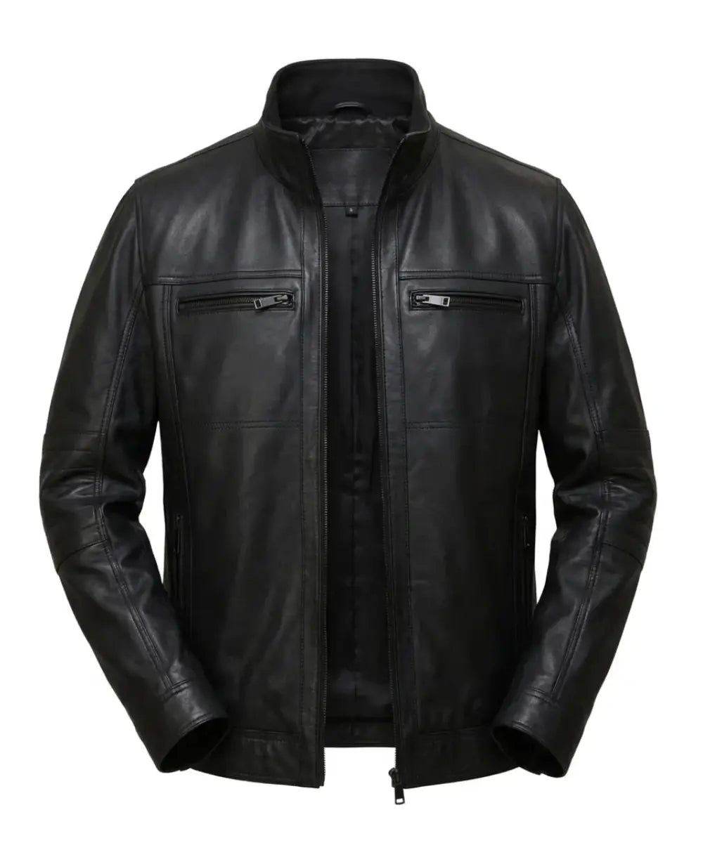 Mens Black Biker Leather Bomber Jacket With Detachable Hood
