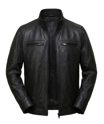 Mens Black Biker Leather Bomber Jacket With Detachable Hood