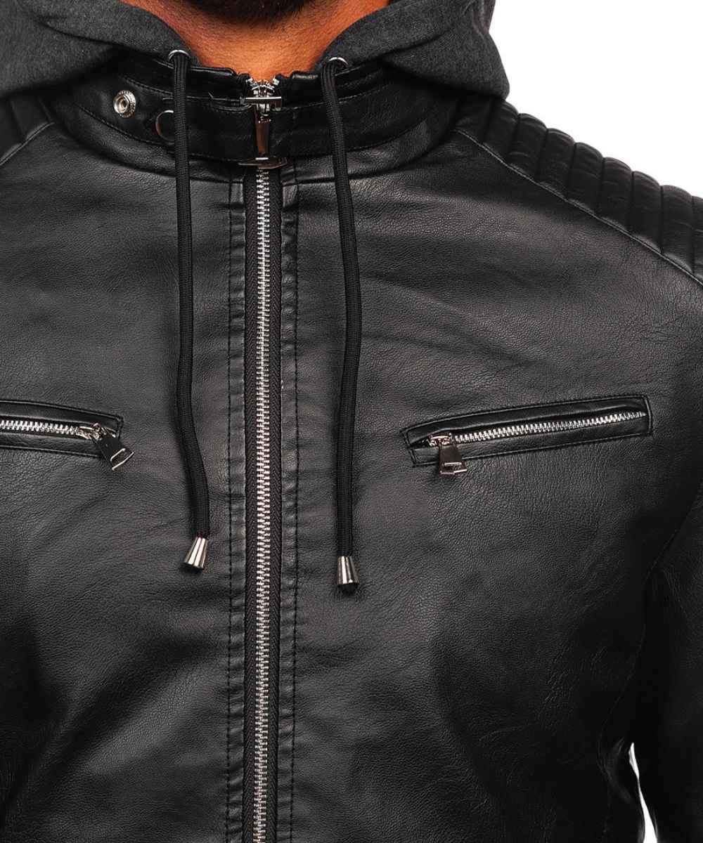 Men's Motorcycle Real Leather Hooded Jacket Black